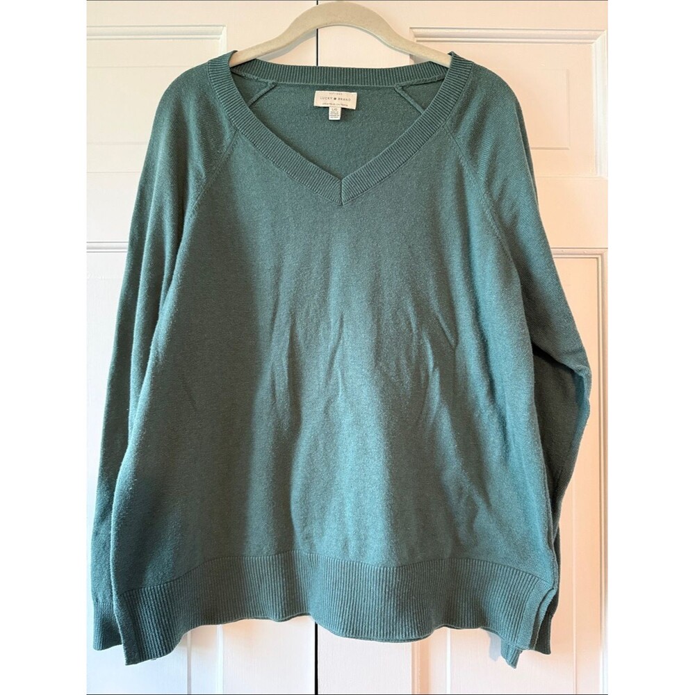 Lucky Brand Women’s V-Neck Sweater Soft Green Cotton Oversized Large
